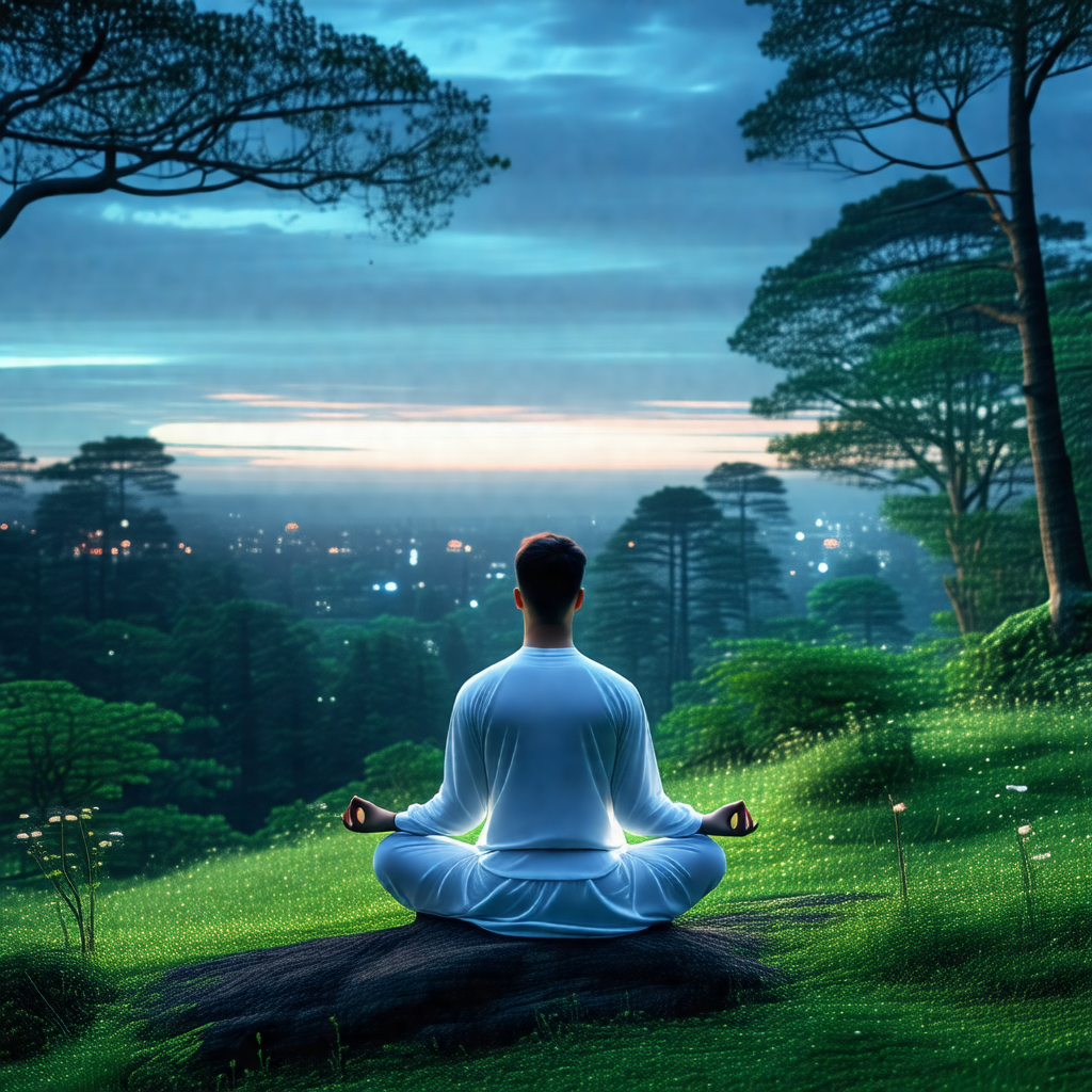 Man sitting in a forest, surrounded by trees and a beauti...