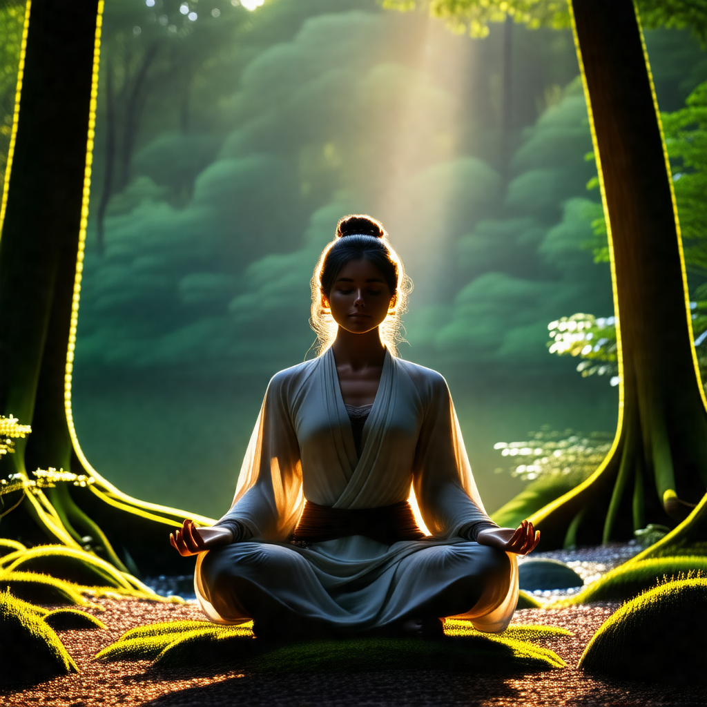 Woman sitting on the ground in a forest, surrounded by trees