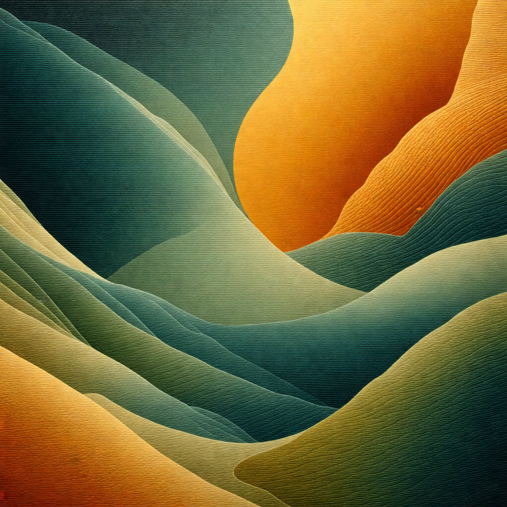 Painting of a mountainous landscape with a vibrant orange...