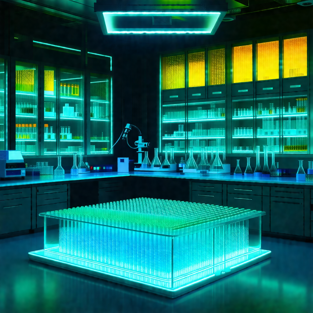 Laboratory with a large counter and a green light illumin...