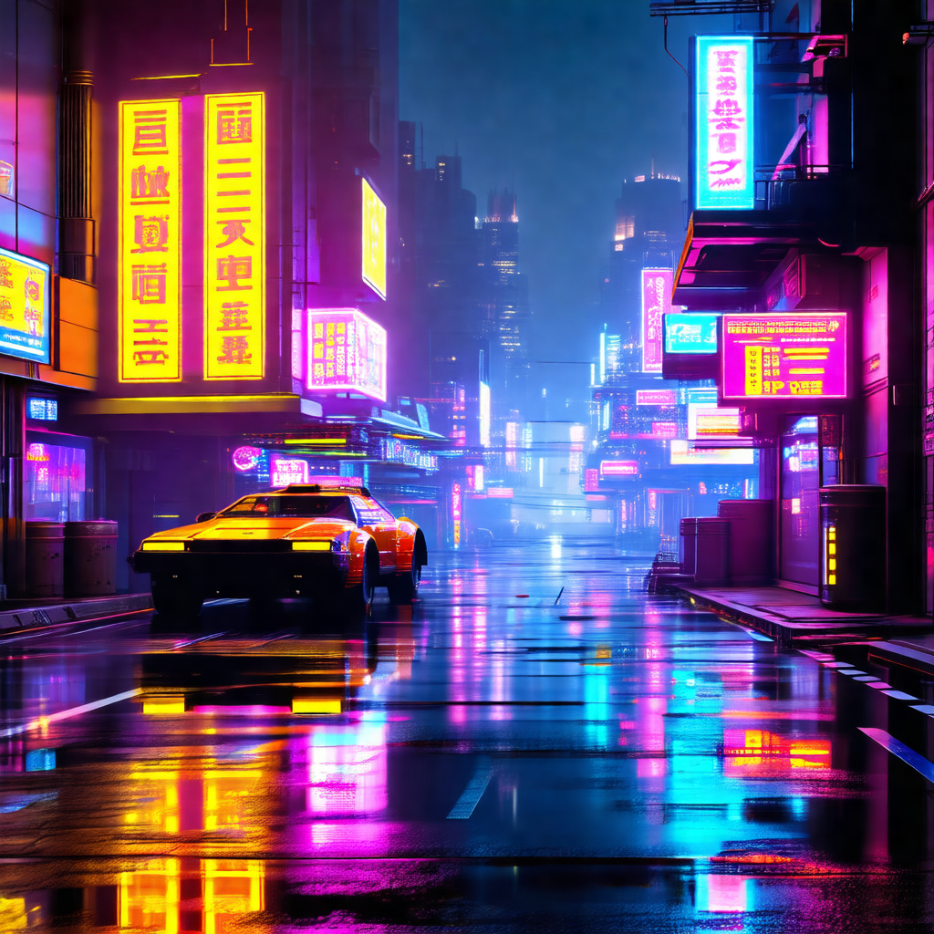 Futuristic city street at night, with a car driving down ...
