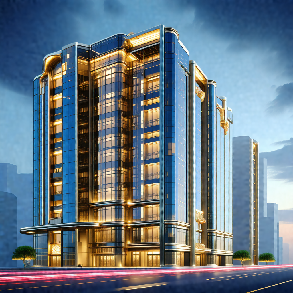 Large, modern building with a blue and gold facade