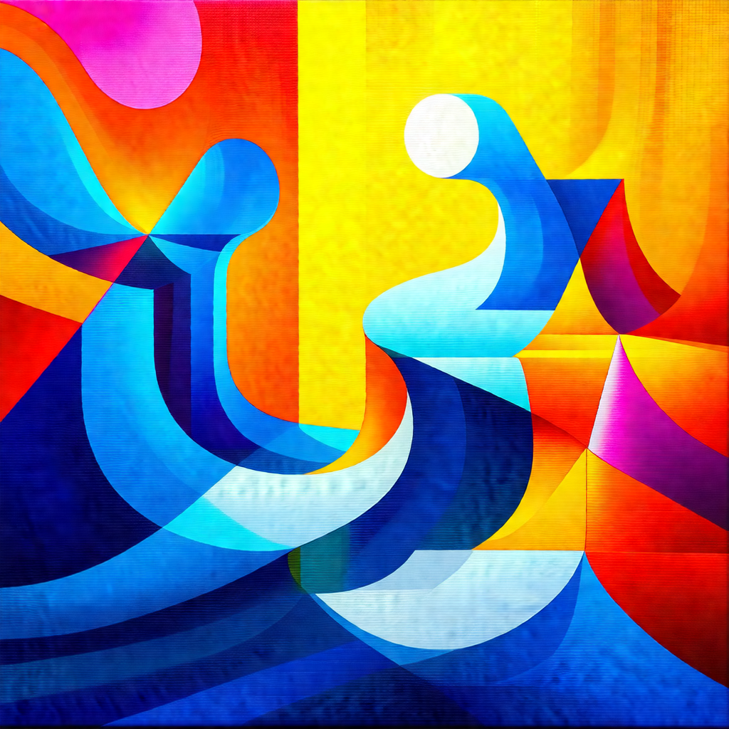 Colorful painting of two people sitting in a boat