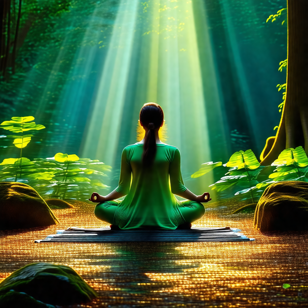 Woman sitting on a mat in a forest, surrounded by trees a...