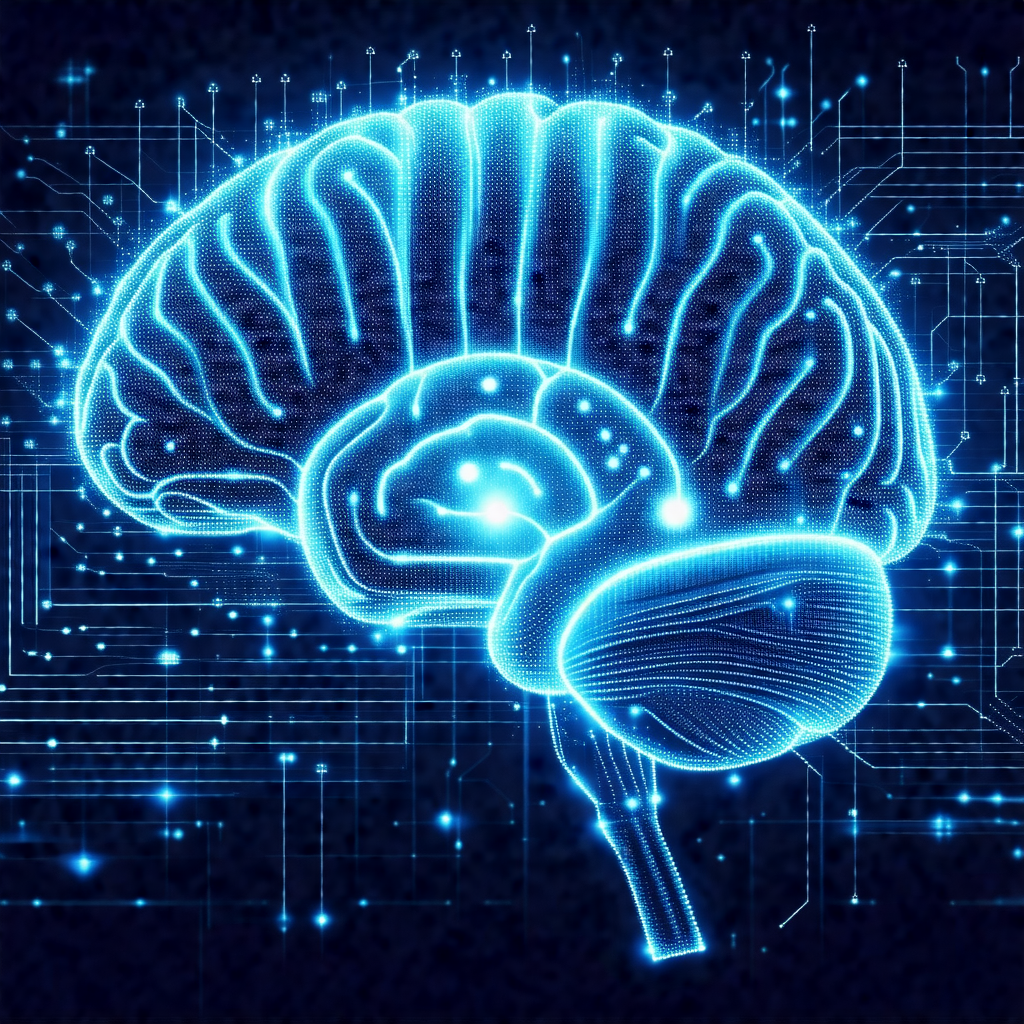 Close-up of a human brain, with a blue glow surrounding it
