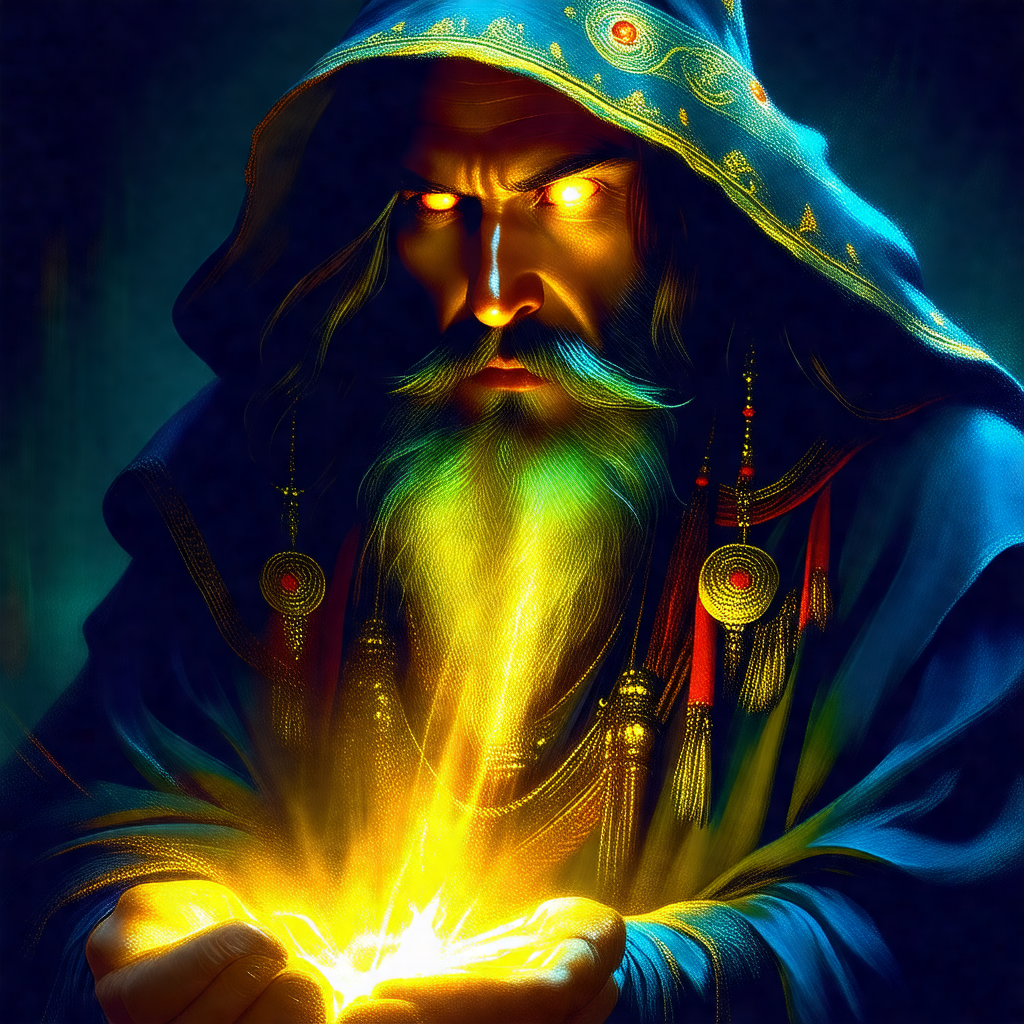 Wizard with a long beard and a blue robe, holding a glowi...