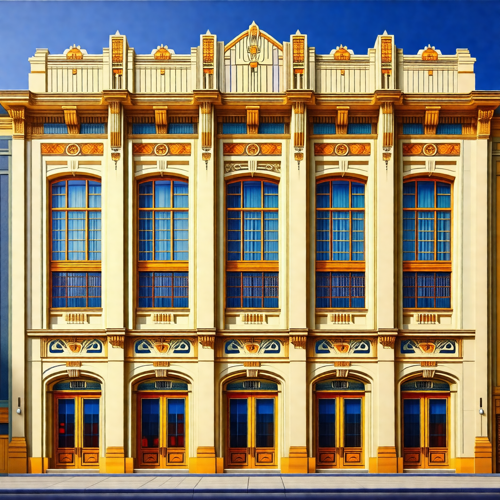 Painting of a large, ornate building with a yellow and wh...