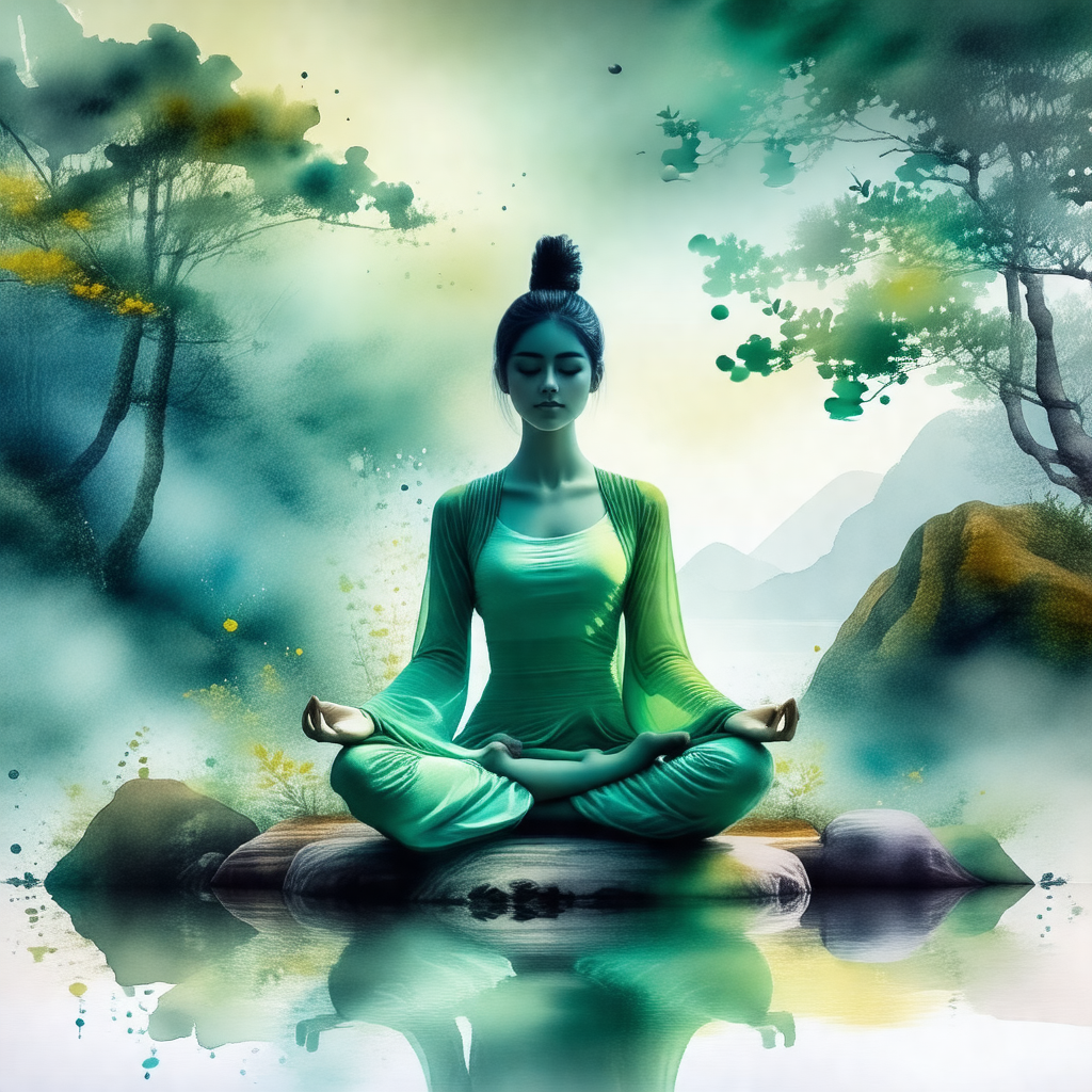 Woman sitting in a lotus position on a rock in a serene e...