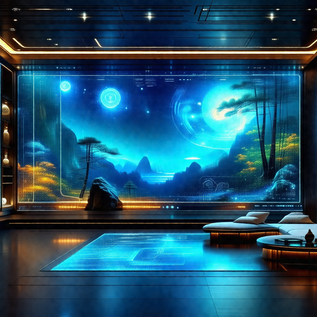 Large, futuristic room with a blue and white color scheme