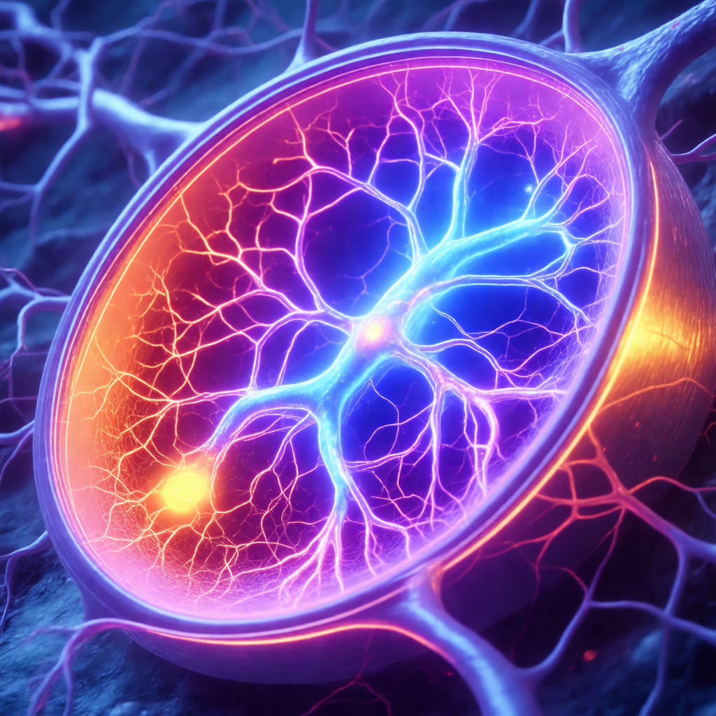 Close-up of a cell, possibly a nerve cell, with a purple ...