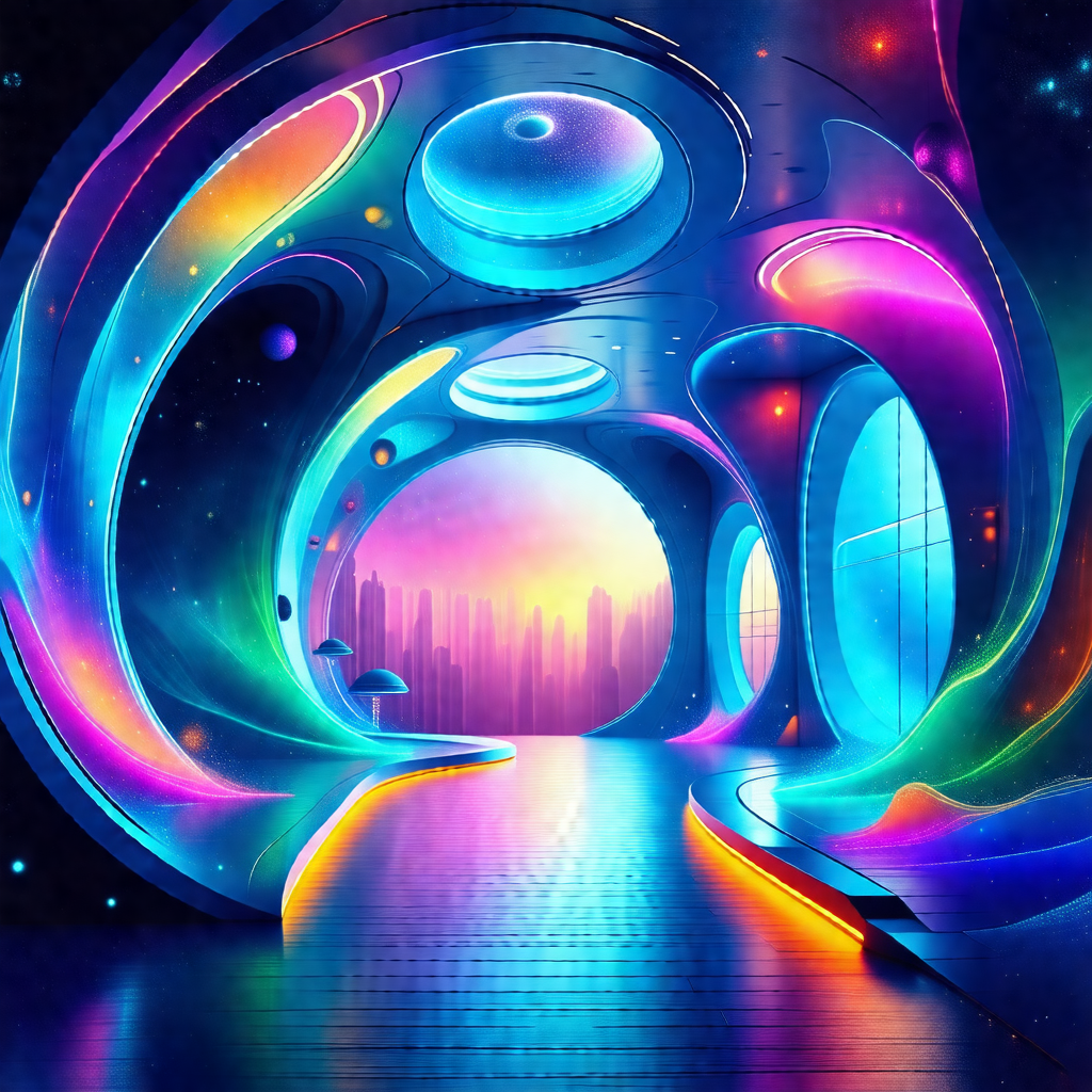 Colorful and futuristic depiction of a city, featuring a ...