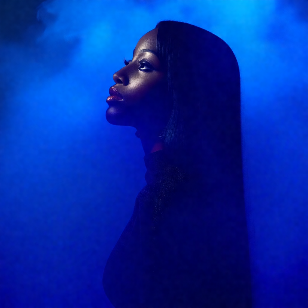 Woman with long black hair, standing in front of a blue b...