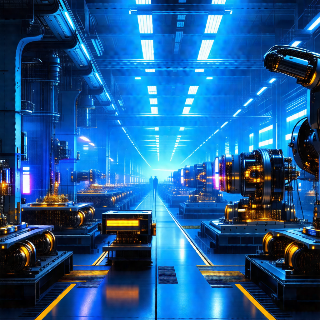 Futuristic scene of a factory with a large number of robo...