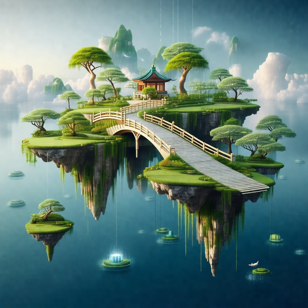 Painting of a small island with a bridge leading to a house