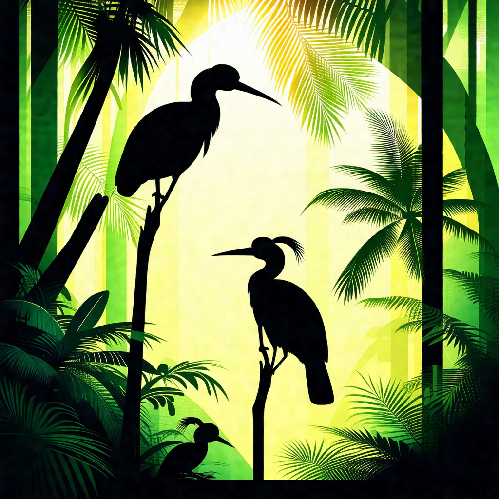 Lush green forest with two large birds perched on tree br...