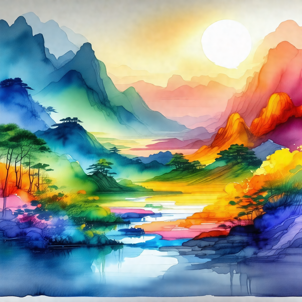 Colorful painting of a mountainous landscape with a river...
