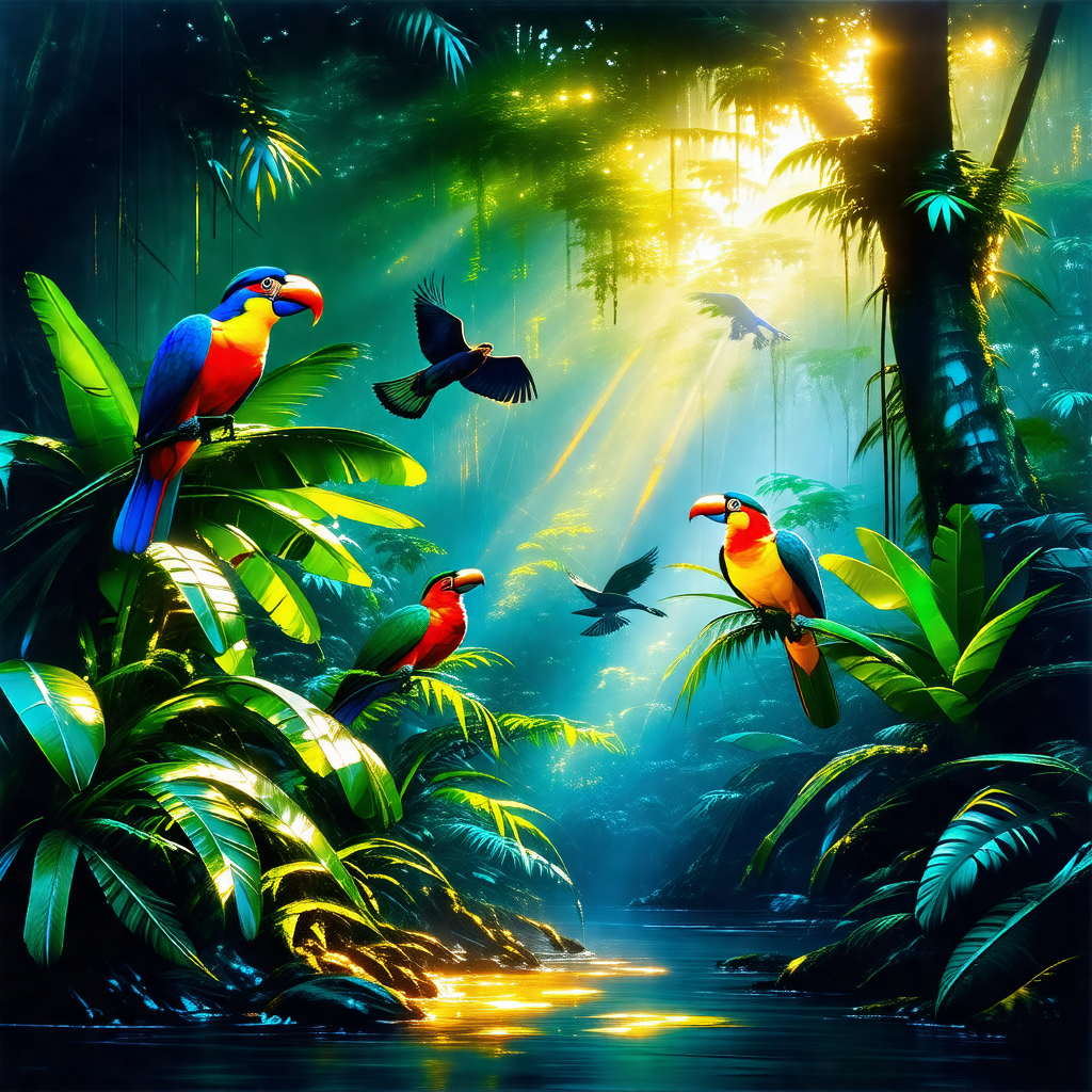 Lush, tropical forest filled with a variety of birds