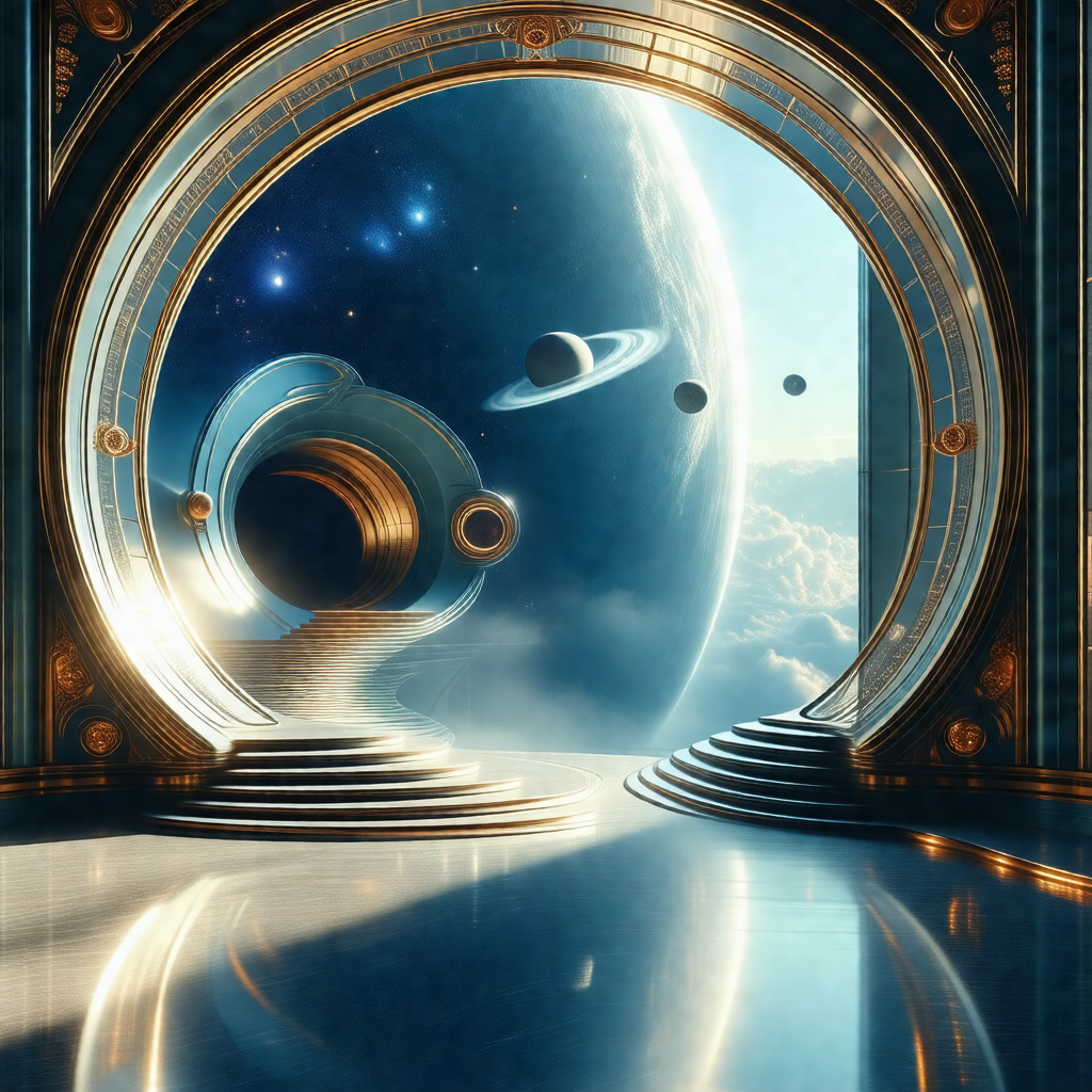 Futuristic scene with a large, open doorway that leads to...