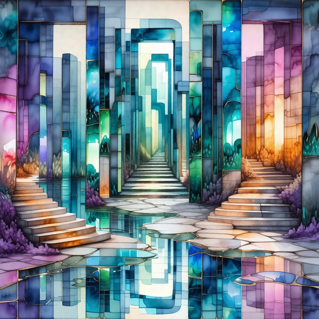 Colorful painting of a staircase leading to a doorway