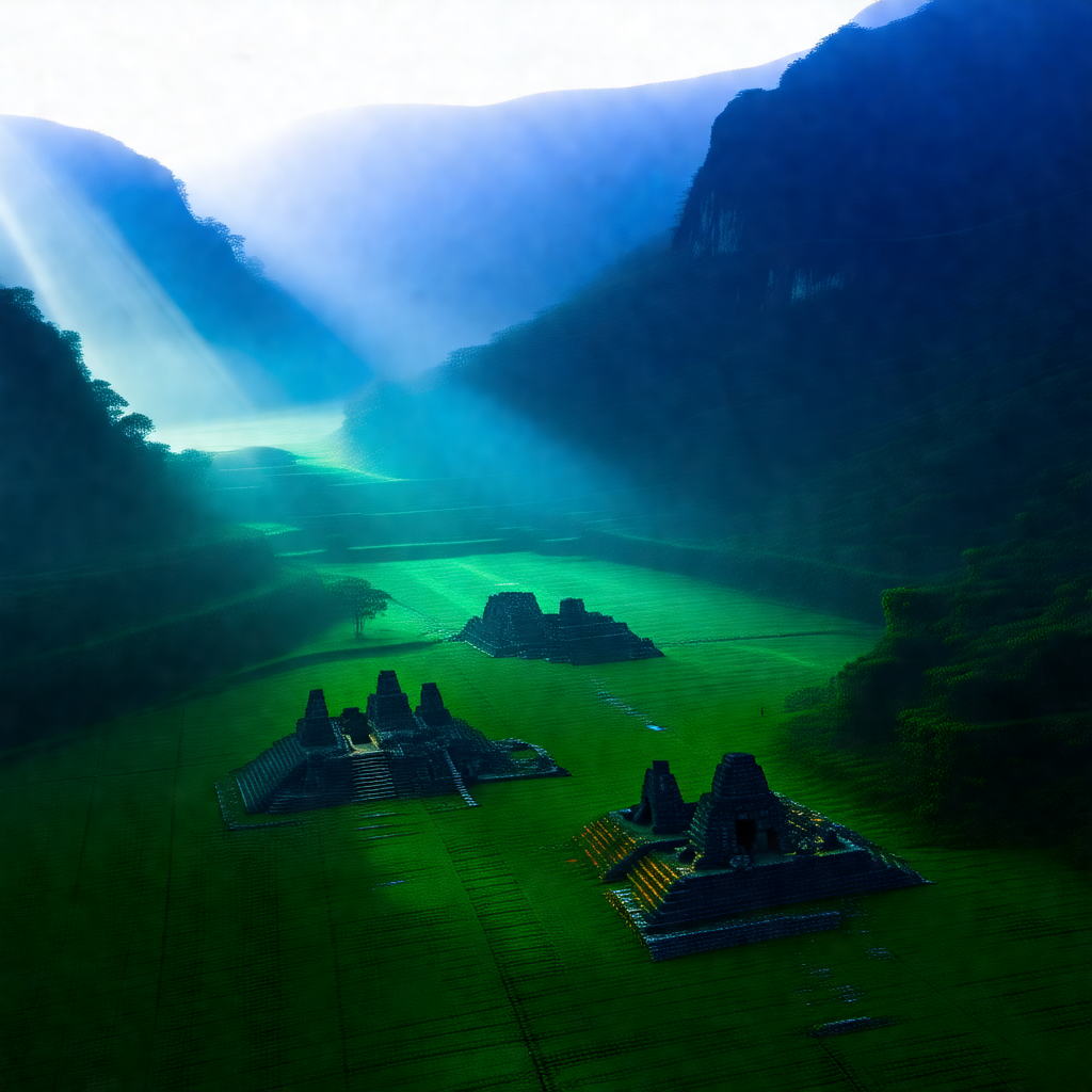 Lush green field with a group of ancient ruins in the mid...