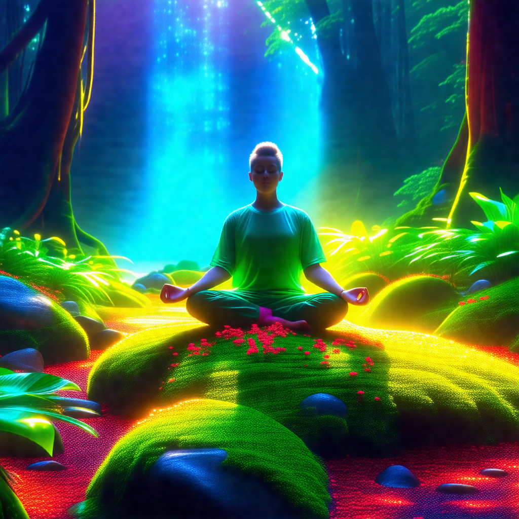 Woman sitting in a lotus position on a bed of rocks in a ...