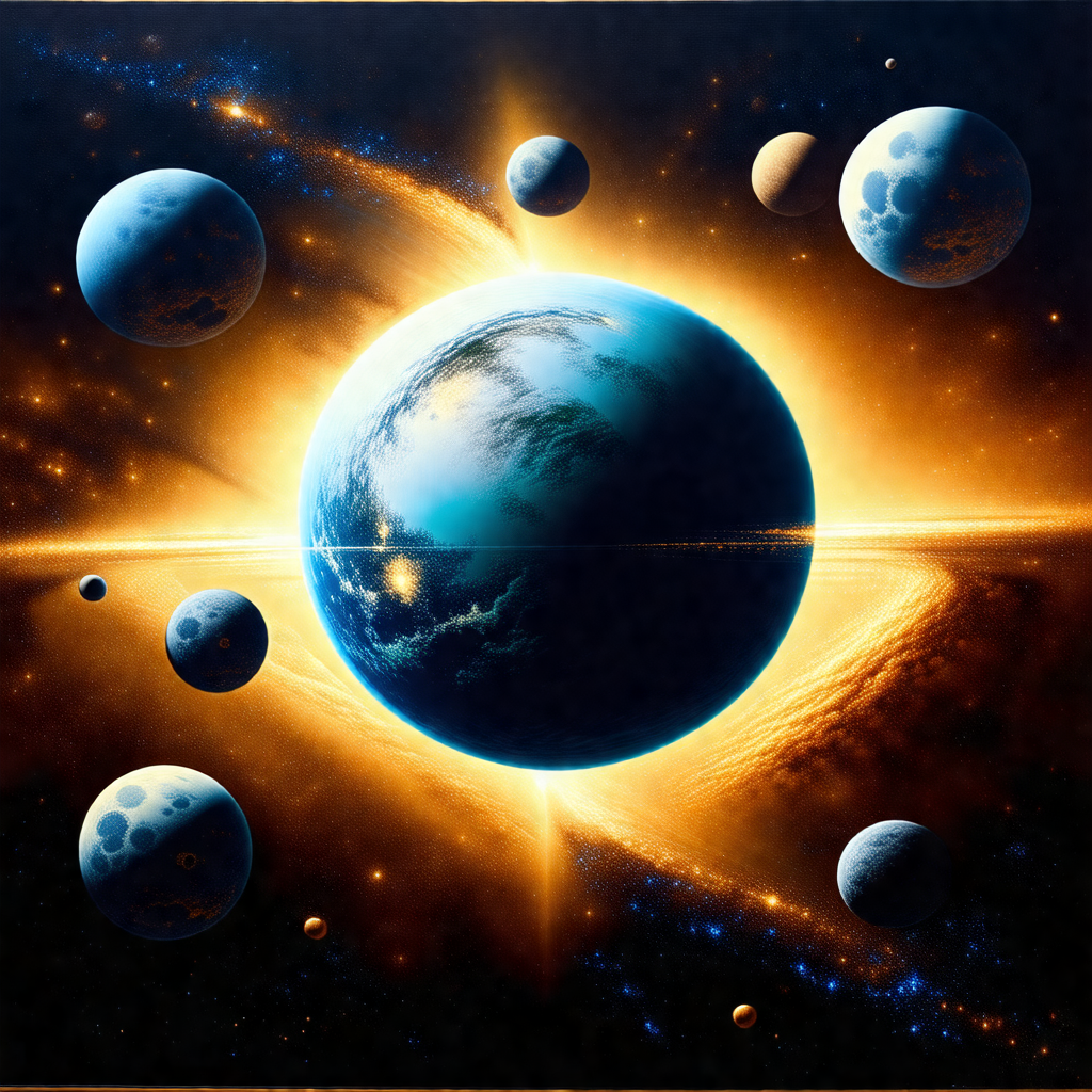Large, colorful painting of a solar system