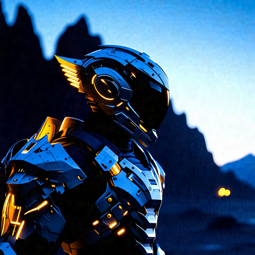 Futuristic robot with a metallic suit, standing in front ...