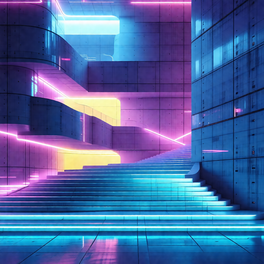 Futuristic cityscape with a large, colorful building in t...