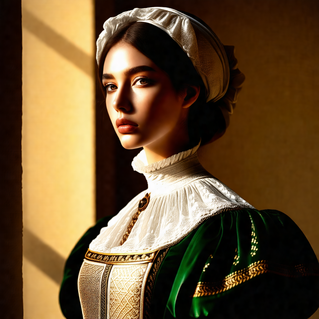 Woman wearing a white dress with a green collar, standing...