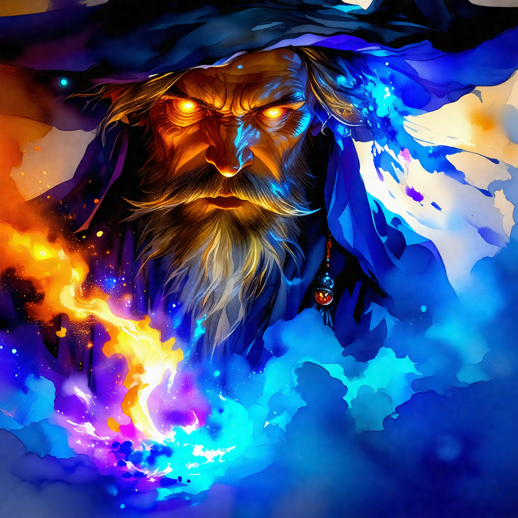 Wizard with a long beard and a blue hat, standing in fron...