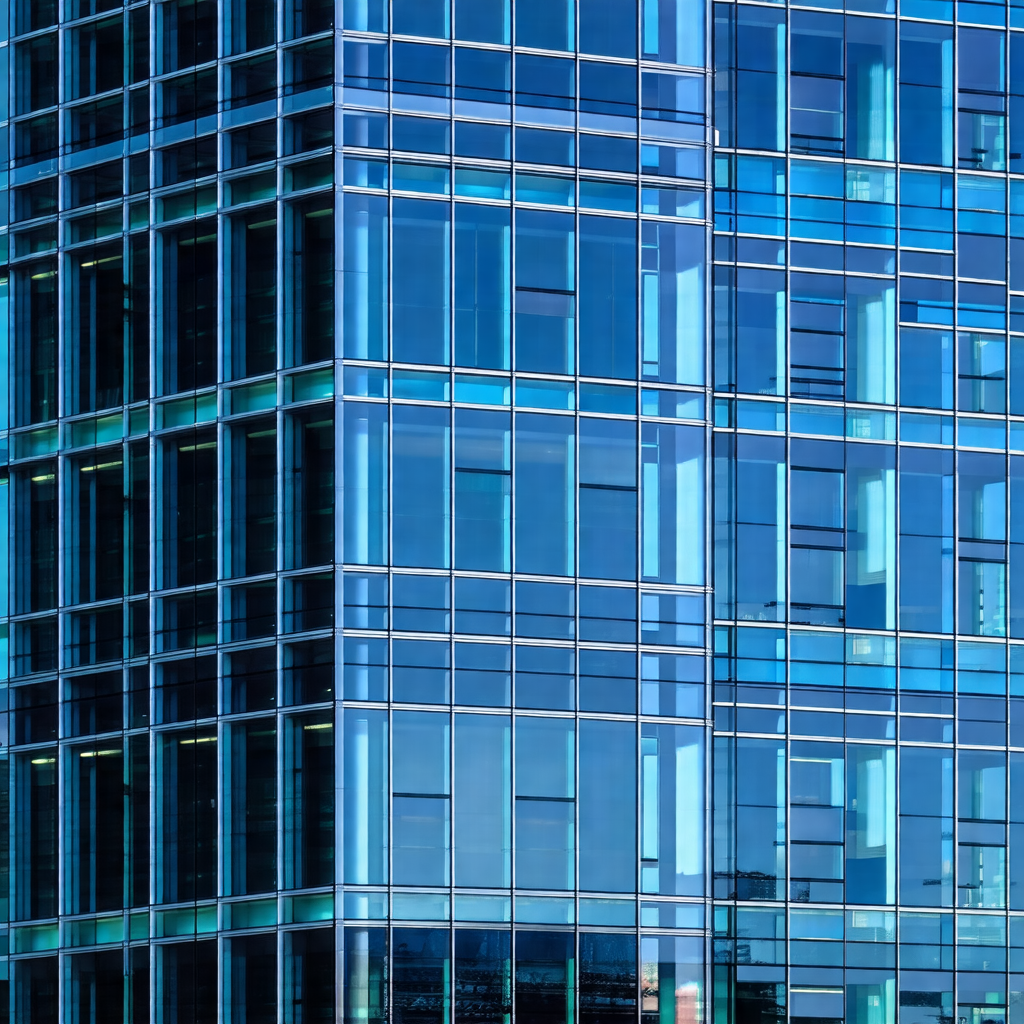 Large, modern building with a blue glass exterior