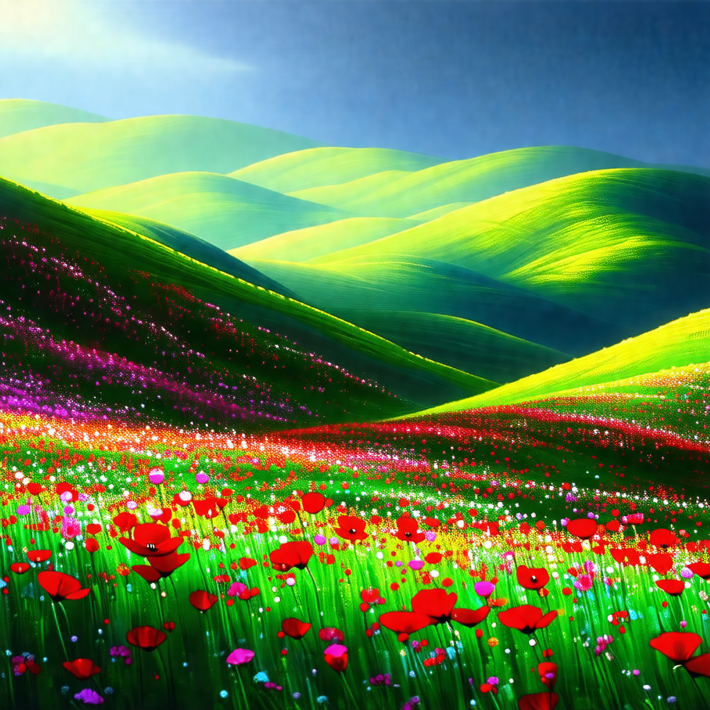Beautiful, colorful landscape with a lush green hillside ...