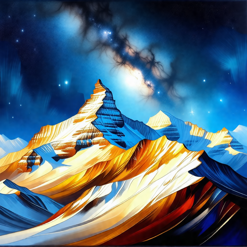 Painting of a mountain with a blue sky and a few stars vi...