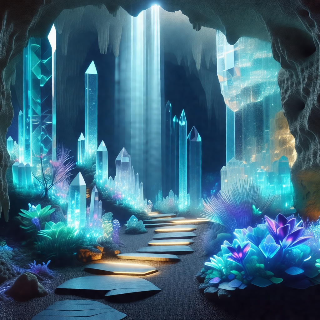 3d digital artwork of a cave with a path leading through it