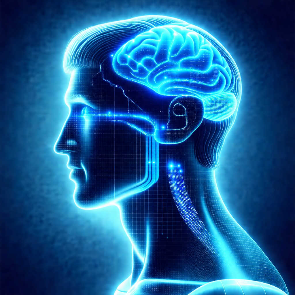 Close-up of a man's head, with a blue light illuminating ...