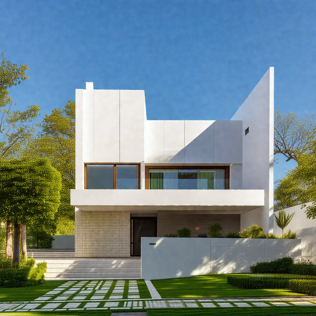 Large, modern white house with a large window on the side