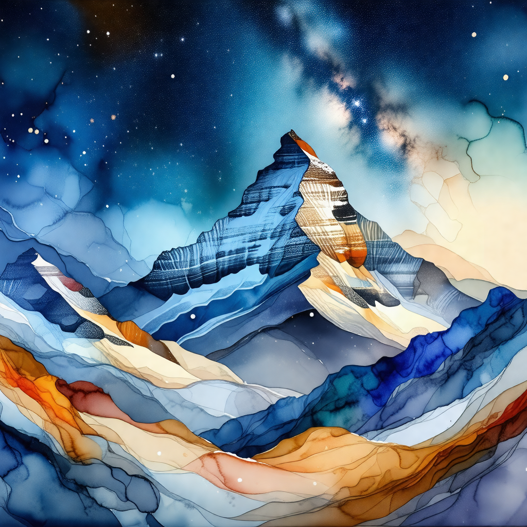 Painting of a mountain with a blue and white color scheme