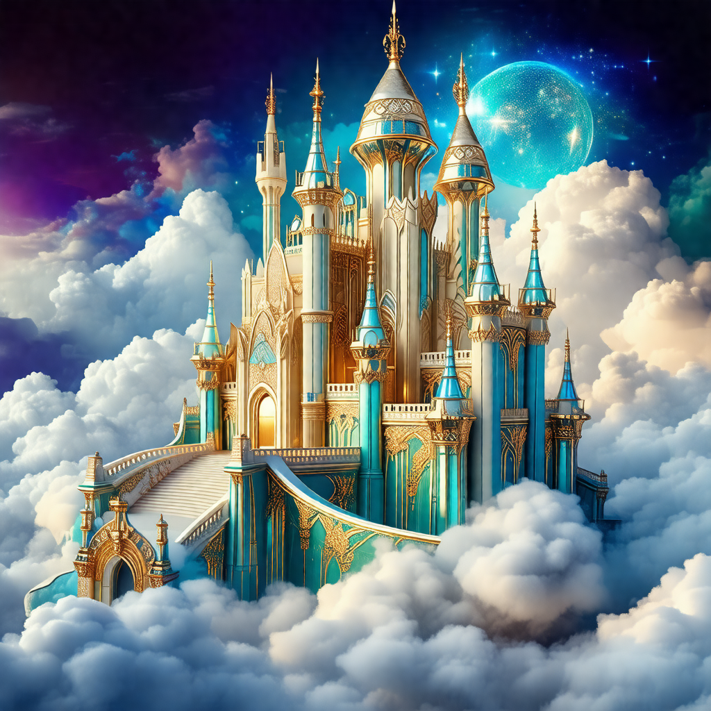 Beautifully designed castle with a blue and gold color sc...