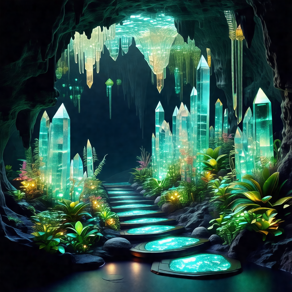 3d digital artwork of a cave with a blue light illuminati...