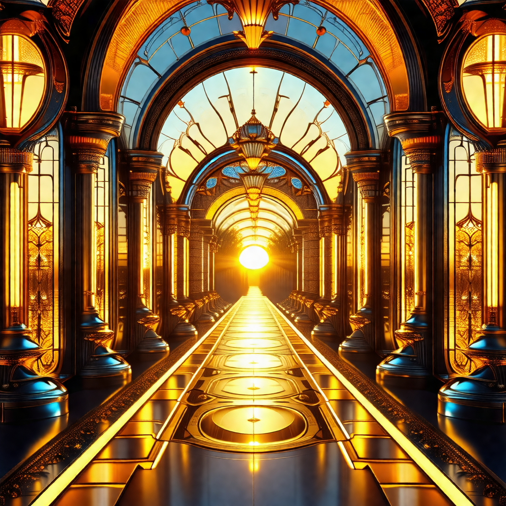 Painting of a hallway with a sun shining through a window