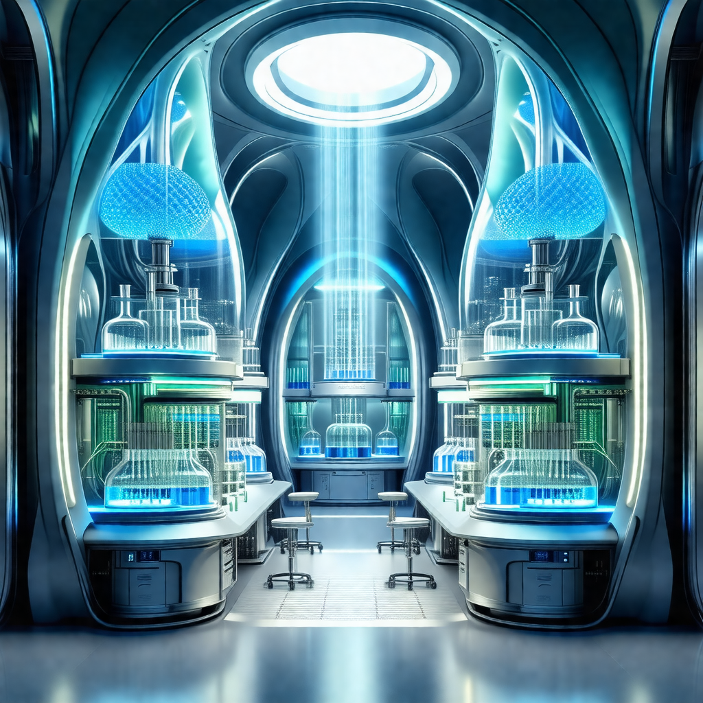 Futuristic laboratory with a large circular window in the...