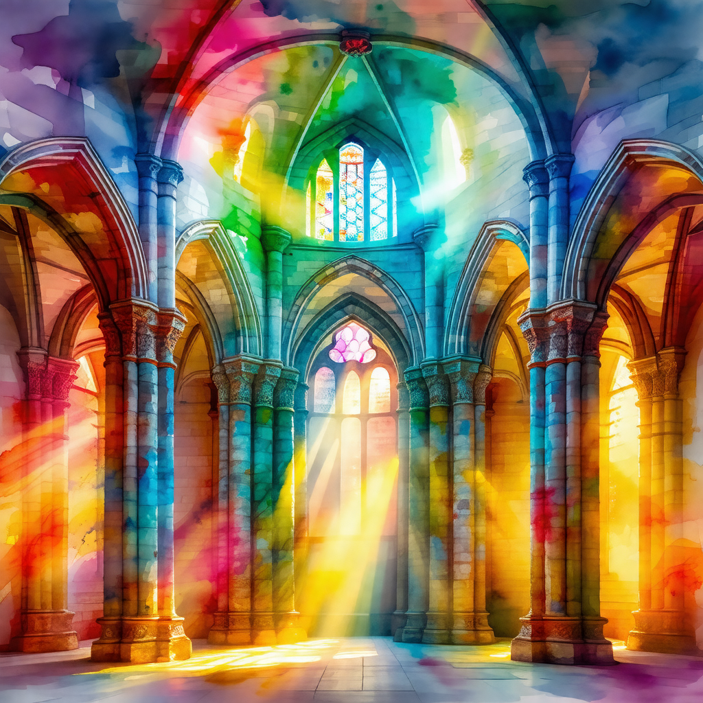 Colorful painting of a cathedral with a large stained gla...
