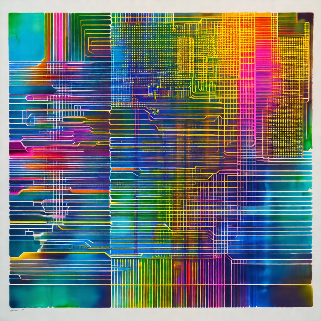 Colorful and abstract painting featuring a variety of sha...