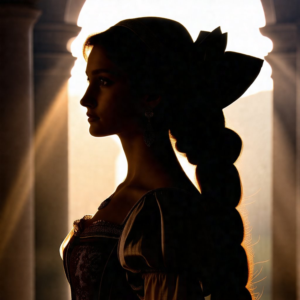 Woman with long, flowing hair, wearing a renaissance-styl...