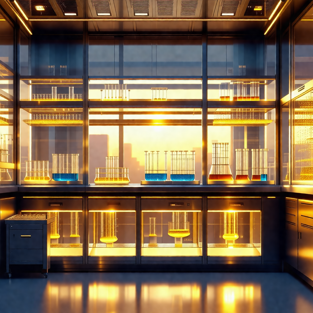 Laboratory with a large number of glass beakers and vials...