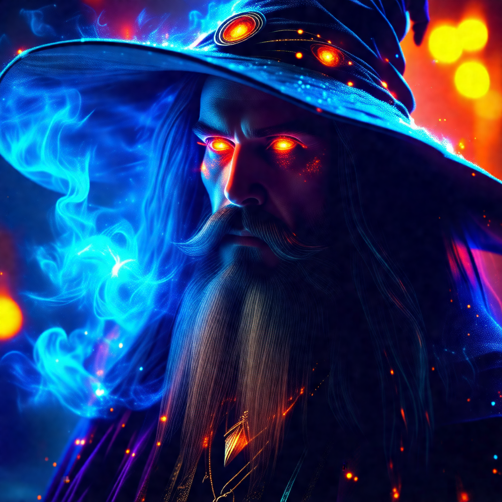 Man with a long beard and a wizard's hat, standing in fro...