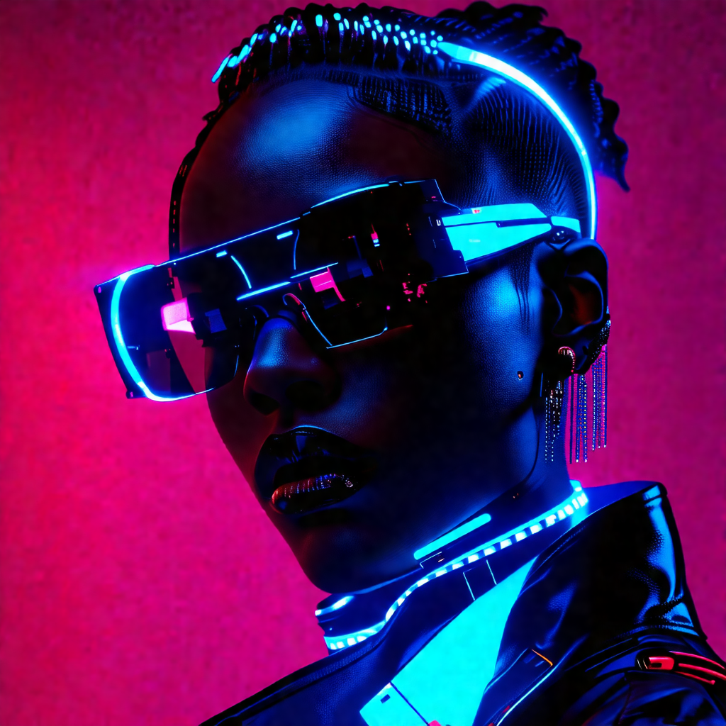 Woman wearing a black jacket and a pair of glowing sungla...