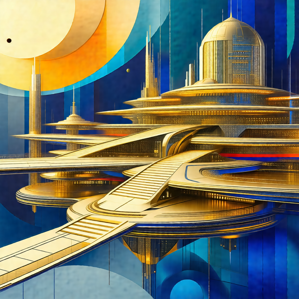 Futuristic painting of a city with a large, intricate bui...