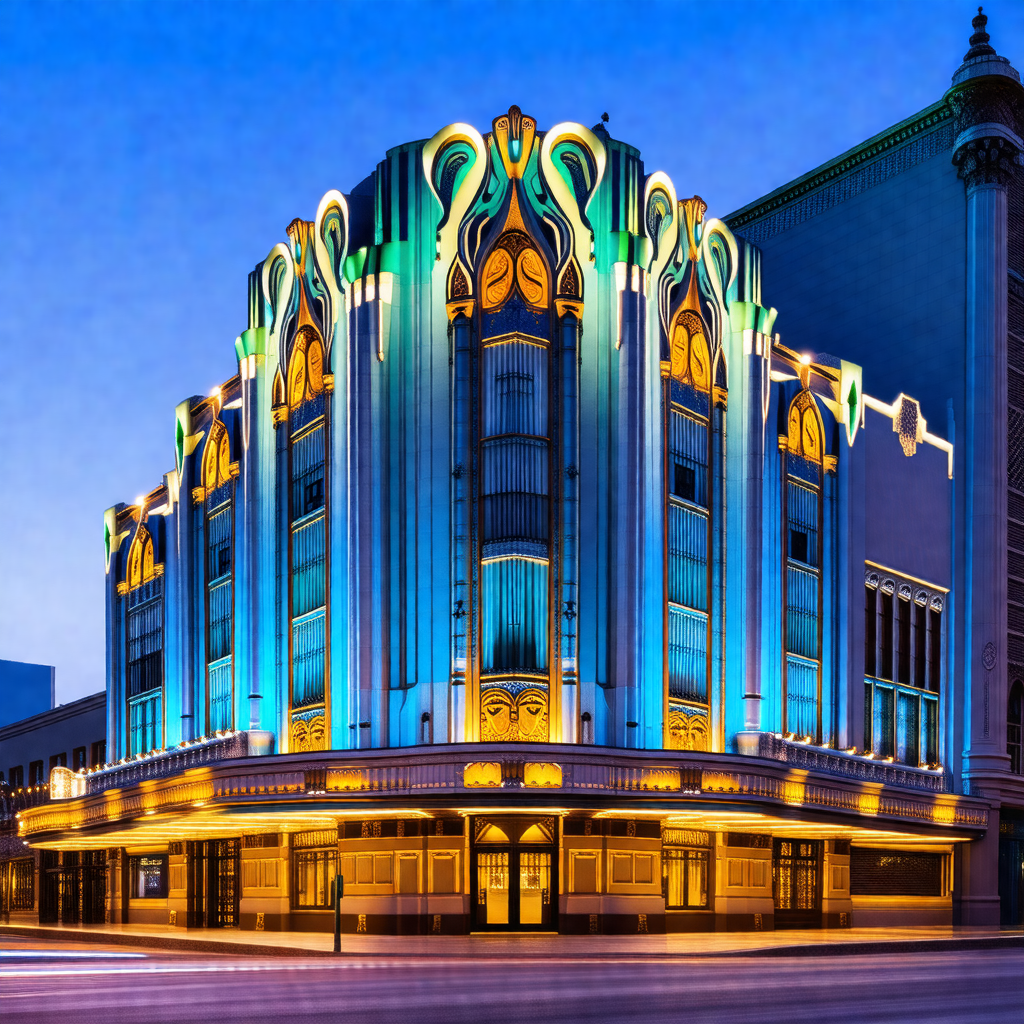 Large, ornate building with a blue and green facade