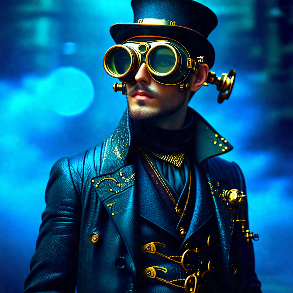 Man dressed in a black suit with a top hat, wearing goggl...